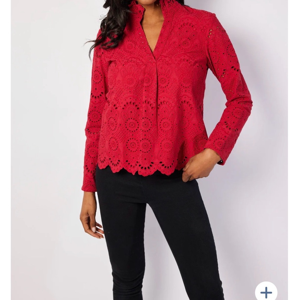 Sail to Sable Red Scalloped Hem Eyelet Lace Blouse NWOT